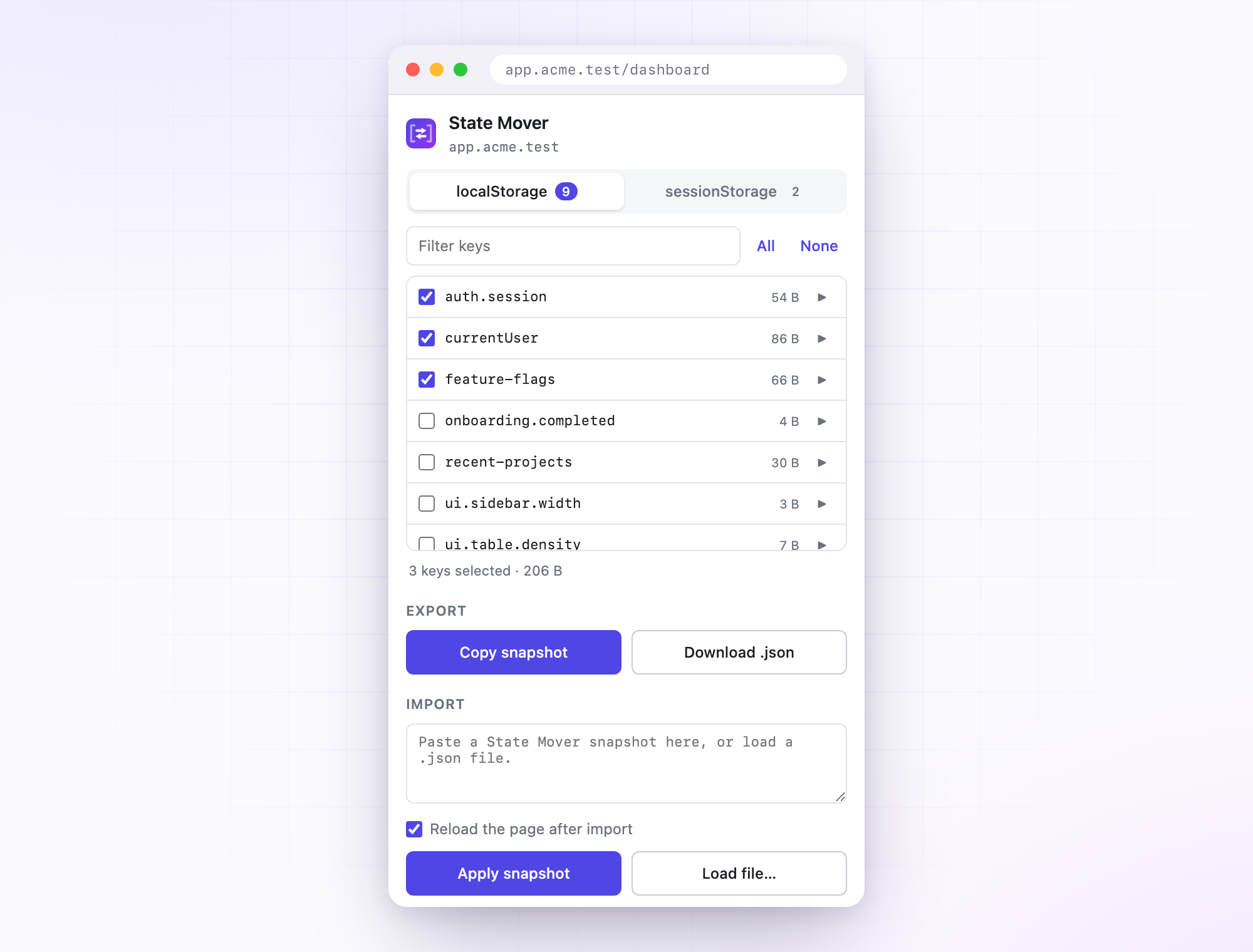 The State Mover popup on a demo app: a localStorage tab with nine keys listed by name and size, three ticked, above Export and Import sections.