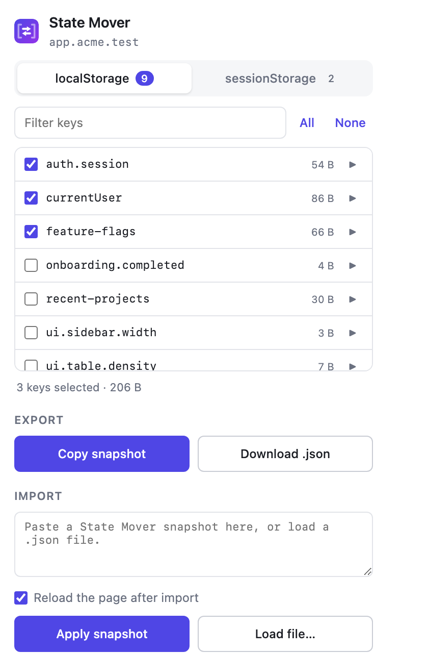The State Mover popup showing the localStorage tab with a filter box, a scrollable list of keys with checkboxes and byte sizes, and Export and Import sections below.